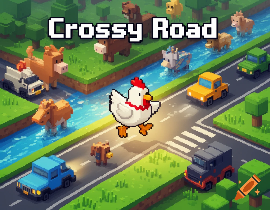 Pixel art scene of a chicken on a road, with cars and animals crossing a river and road, and 'Crossy Road' text.