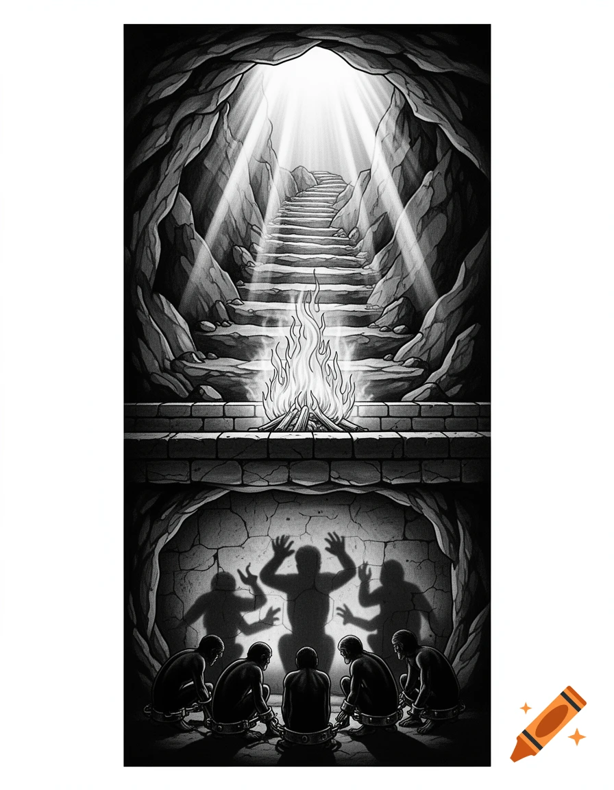 Black and white illustration of Plato's Allegory of the Cave. Chained figures view shadows, with a bonfire and bright cave exit above.