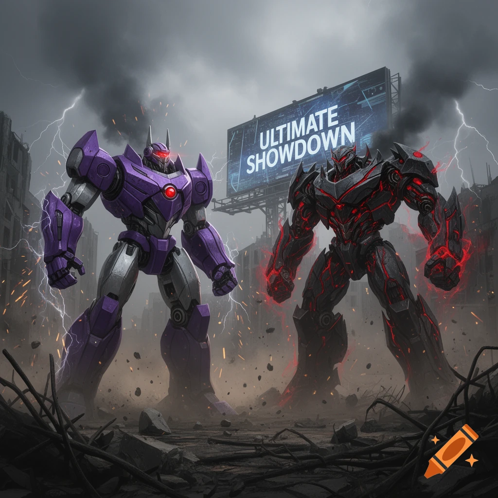 Purple and black battle robots face off in a ruined city under a stormy sky, with a billboard reading 'ULTIMATE SHOWDOWN'.