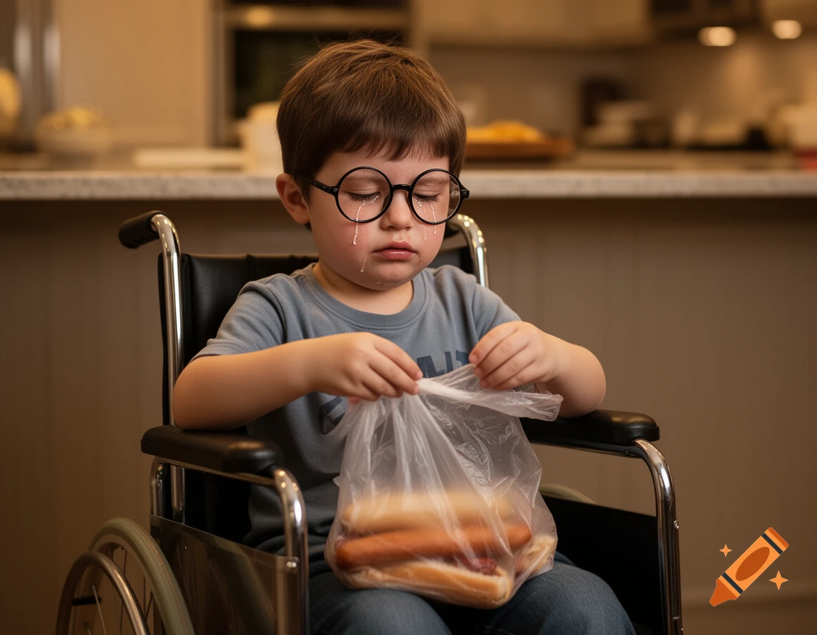 A sad child with round glasses sits in a wheelchair, crying while holding a plastic bag of hotdogs in a kitchen.