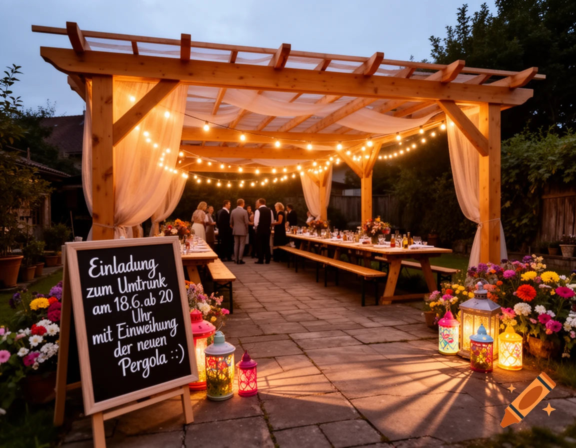 A photorealistic twilight garden party scene with a lit pergola, guests mingling, and a blackboard sign surrounded by flowers.