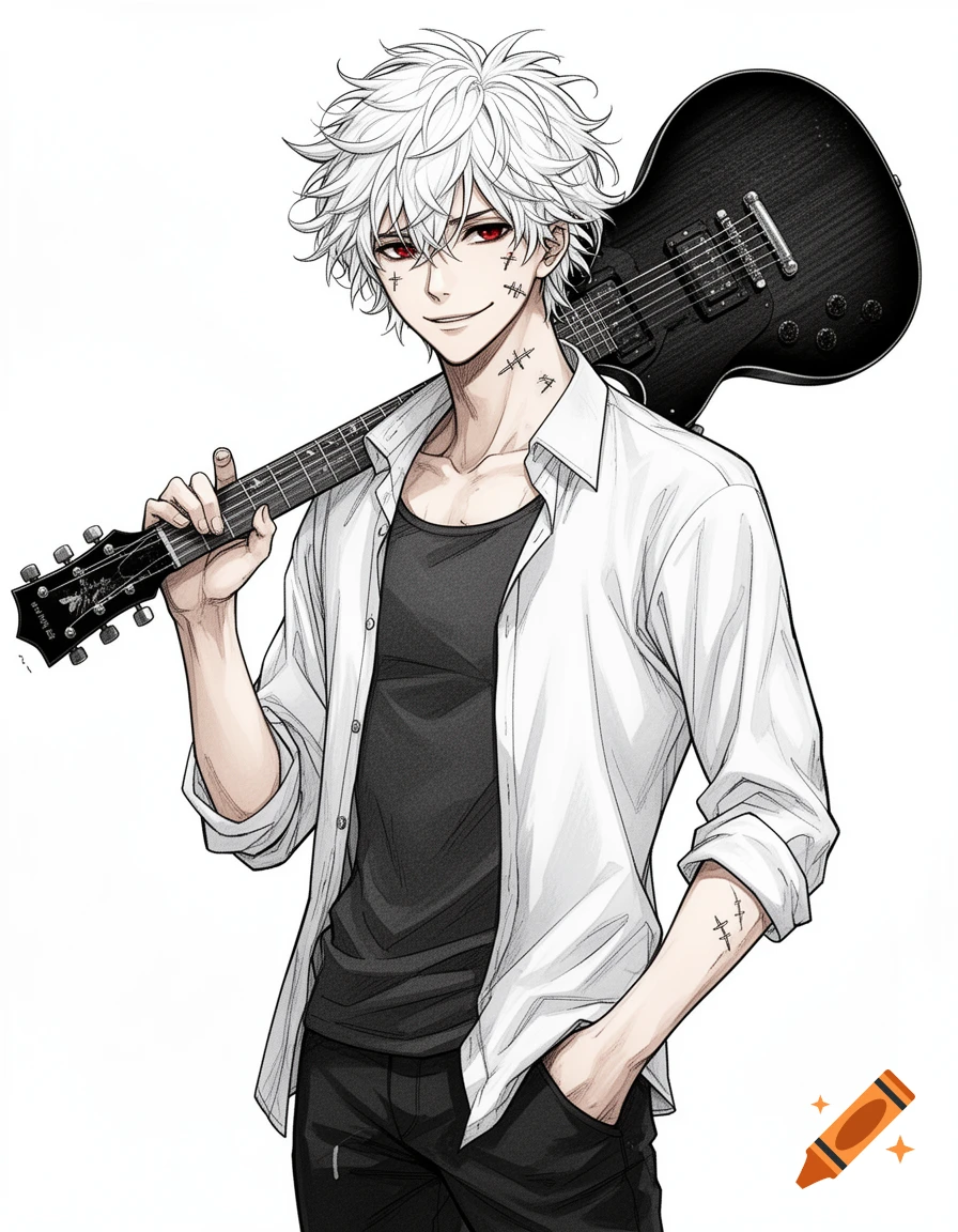 A white-haired anime man with red eyes and stitches on his face, smirking and holding a black electric guitar over his shoulder, in a manga style.