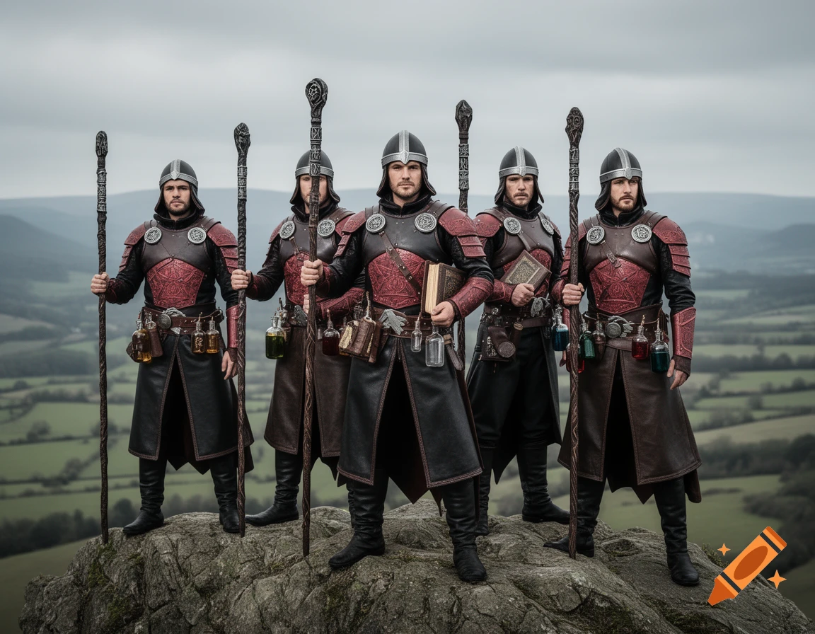 Five men in medieval-style black, brown, and red leather armor, holding staffs, books, and potions, stand on a rocky hill overlooking a green landscape.