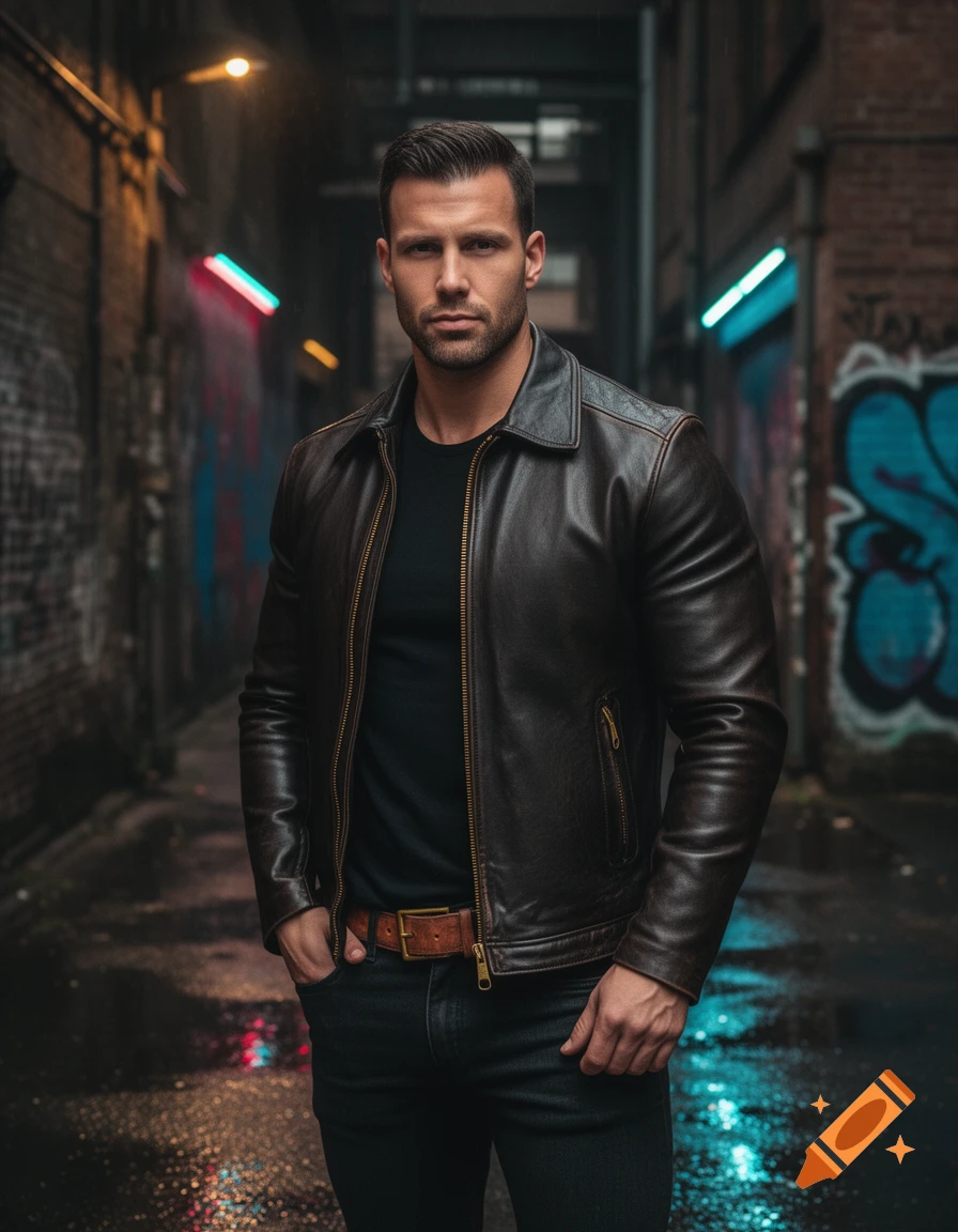 A rugged man in a dark leather jacket and jeans stands in a dimly lit, graffiti-covered urban alley.