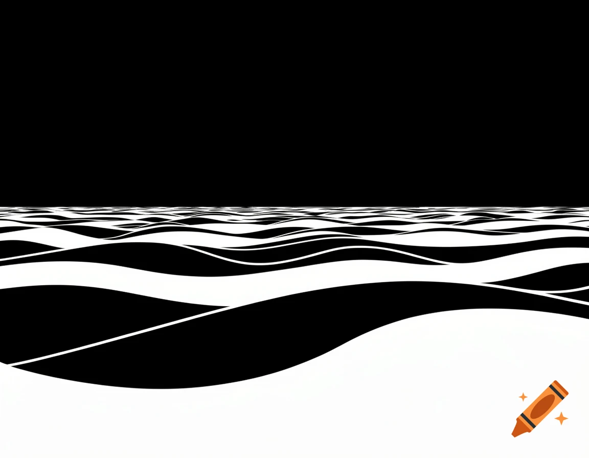A 2D black and white vector illustration of abstract ocean waves.