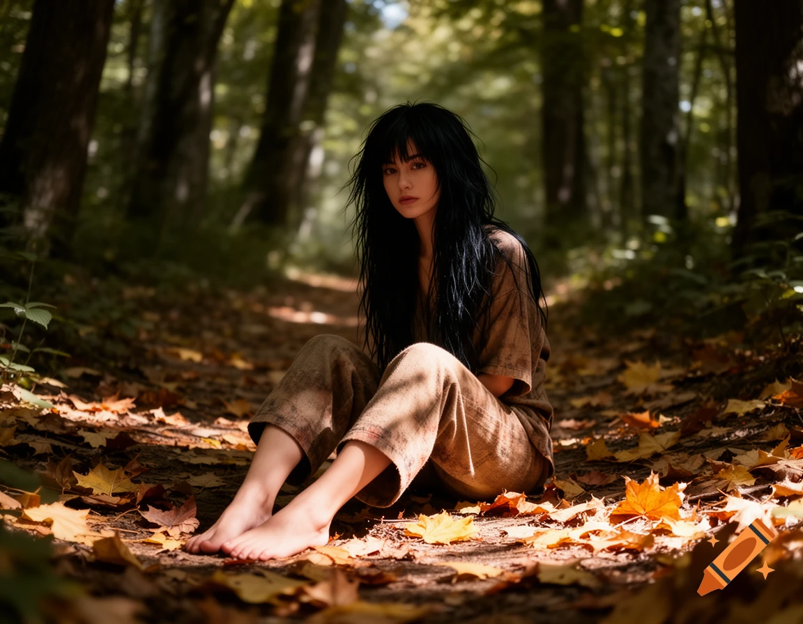 A photorealistic portrait of a young woman with long black hair, sitting barefoot on a forest floor covered in autumn leaves.