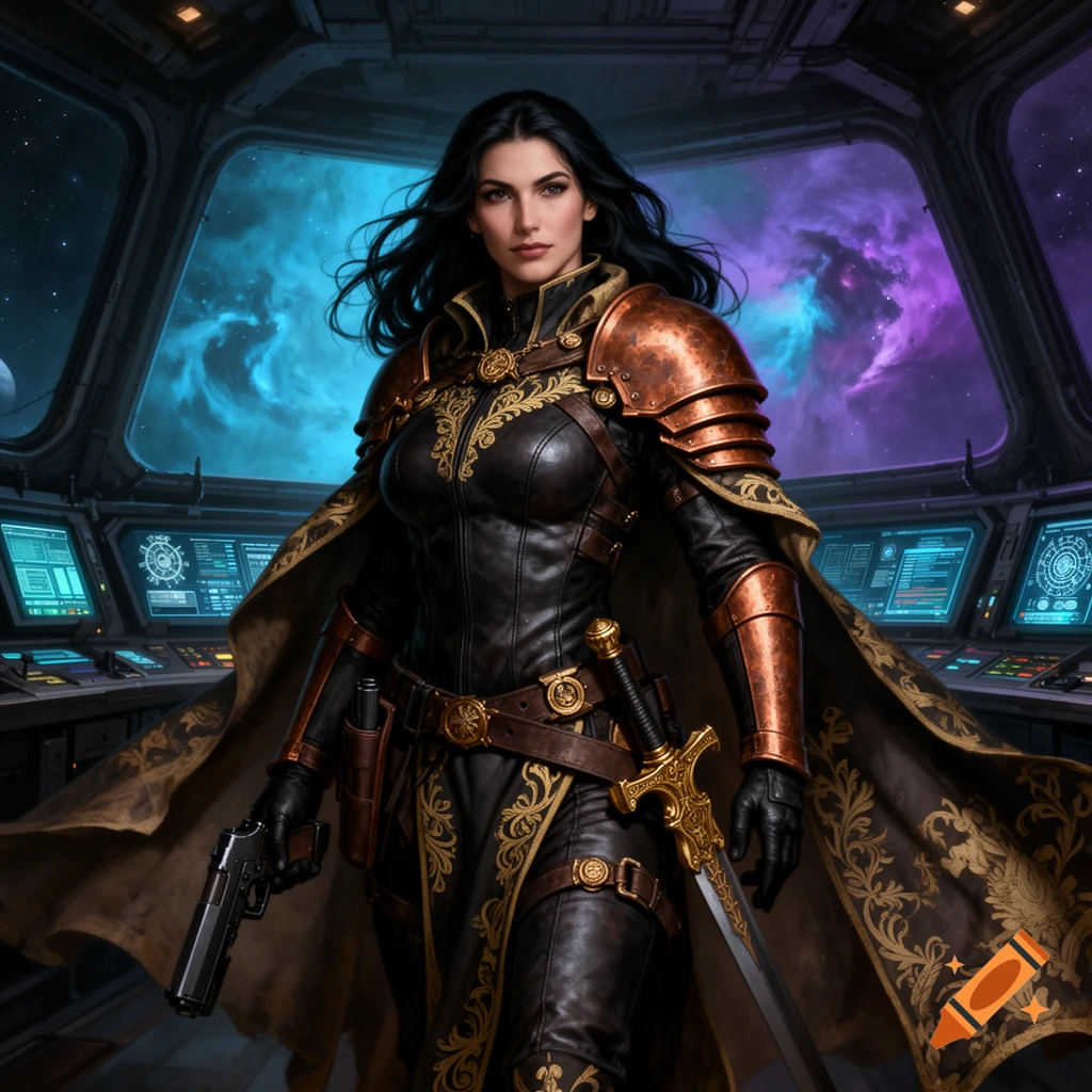 A fierce female character in ornate brown and gold armor holds a pistol and sword in a sci-fi spaceship cockpit.