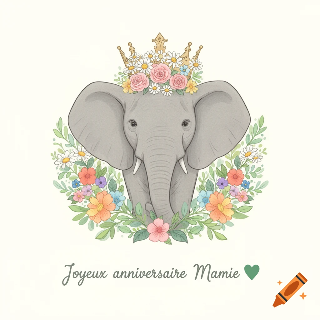 Cute cartoon elephant wearing a floral crown, surrounded by colorful flowers and leaves, with 'Joyeux anniversaire Mamie ' text.