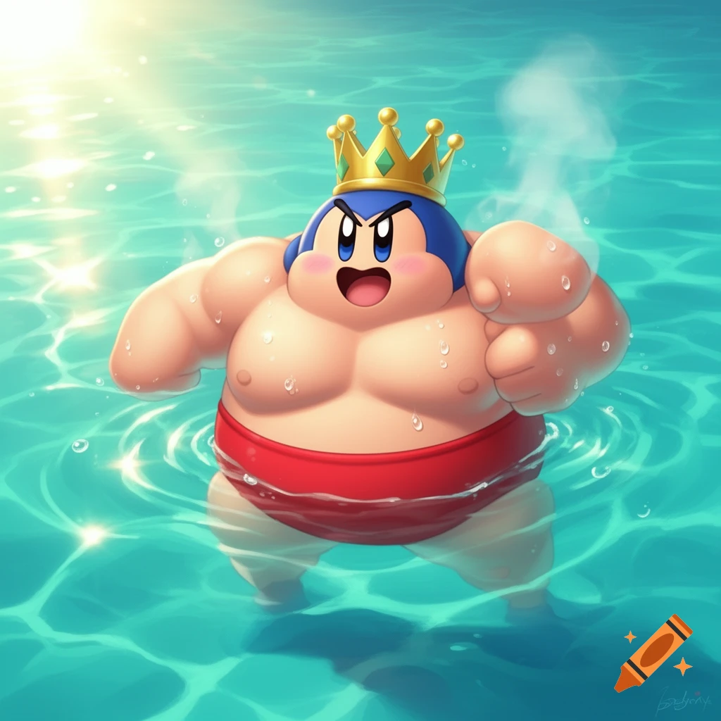 King Dedede, with a muscular body and red speedo, swims in clear blue water under bright sunlight.