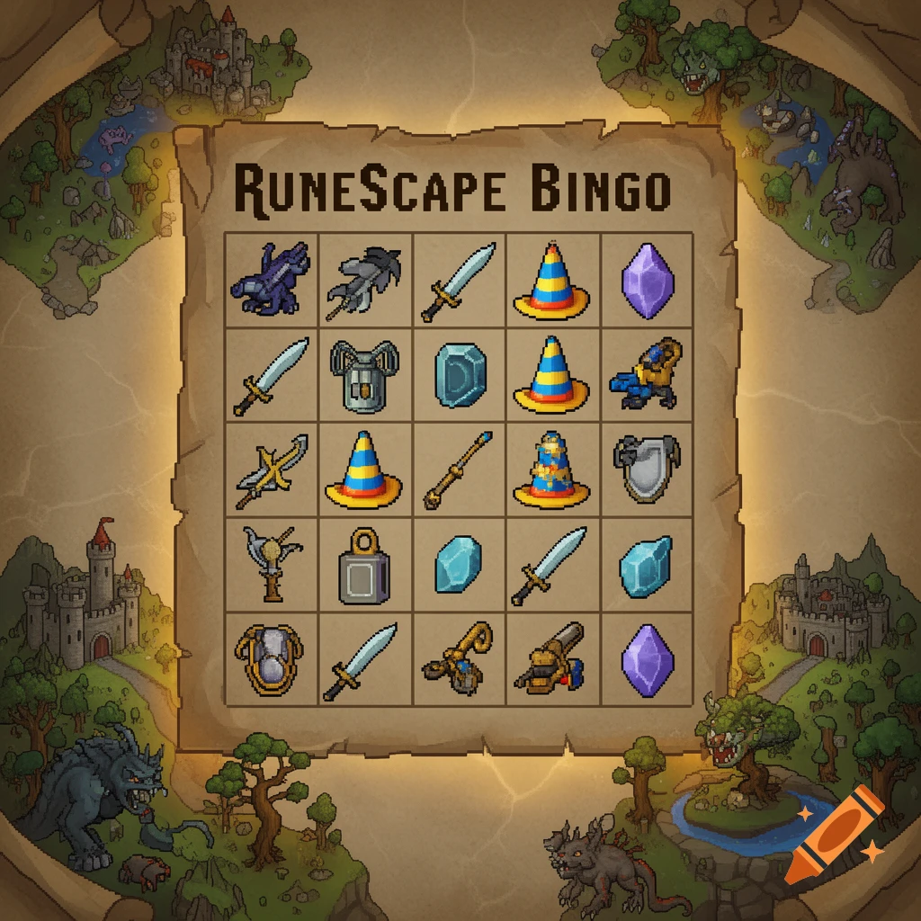 A pixel art style Runescape bingo board features various game items like swords, hats, and gems on a parchment map background with castles and monsters.