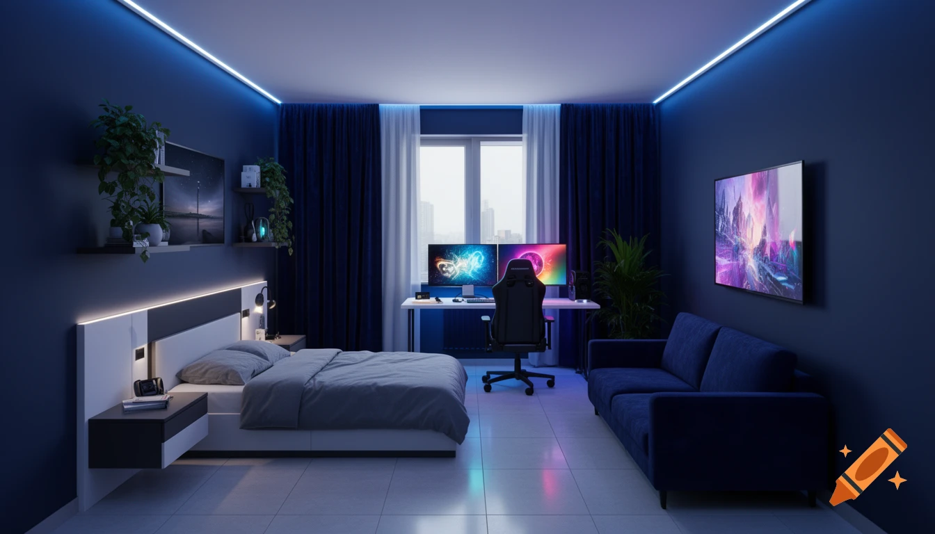 Photorealistic modern bedroom with blue LED lighting, a bed, a gaming setup with dual monitors, and a dark blue sofa.