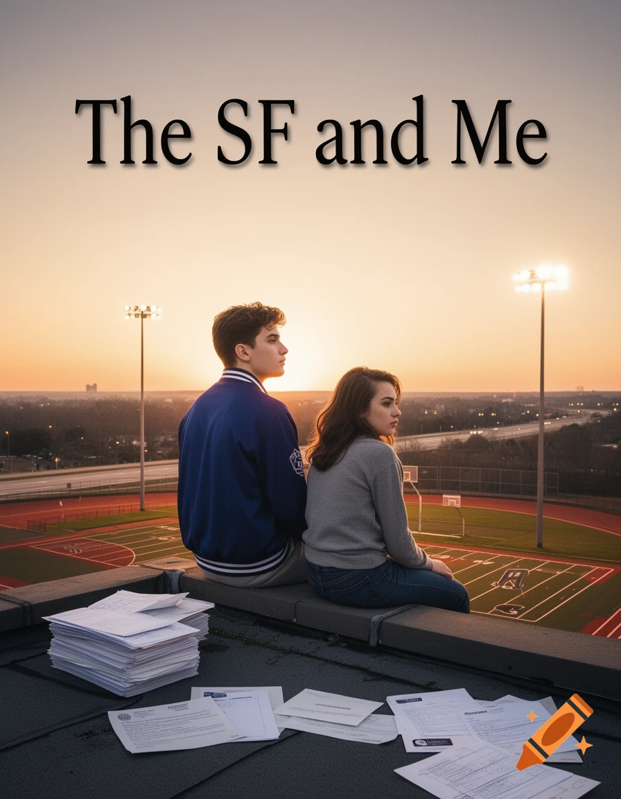 A boy and a girl sit on a rooftop watching the sunset over a stadium, with papers scattered around them. The text "The SF and Me" is at the top.