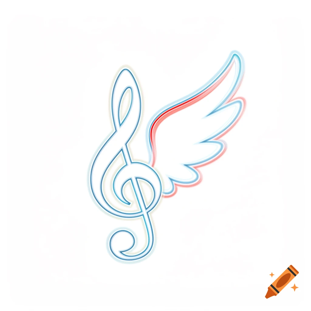 A stylized blue treble clef with a red and blue outlined wing on a white background.