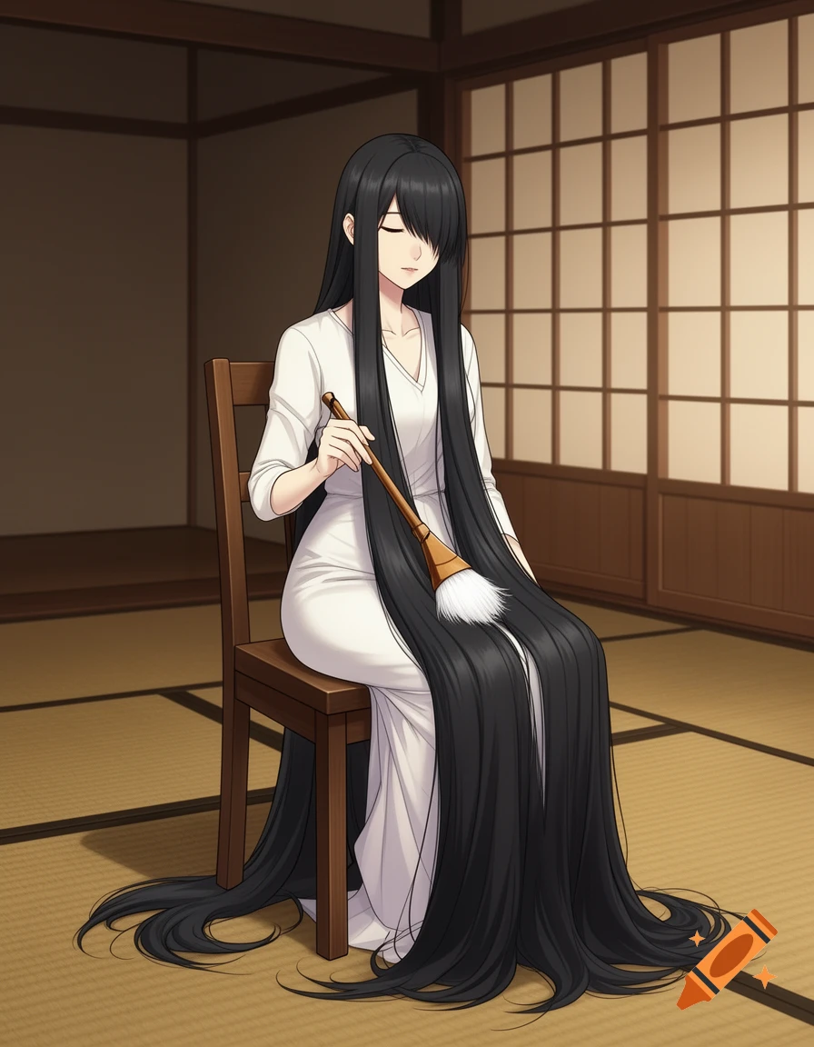 An anime woman with incredibly long black hair sits in a traditional Japanese room, gently brushing her hair.