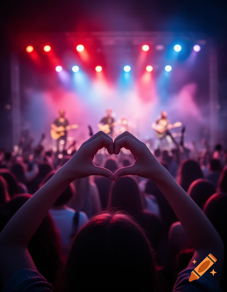 Person's hands form a heart shape at a blurred concert with a band on stage under red and blue lights.