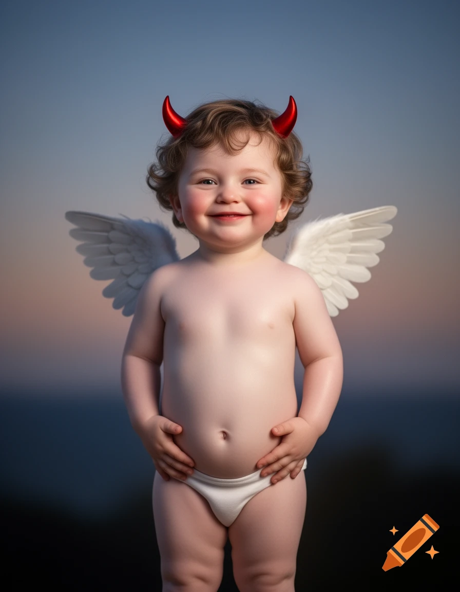 A smiling baby dressed as a devil cherub with red horns and white wings, wearing white underwear, against a blurred sky.