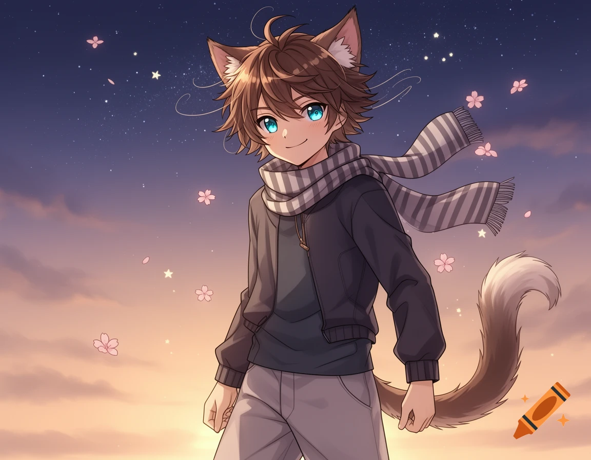 Anime catboy with brown hair, blue eyes, and a striped scarf, stands under a starry sunset sky with pink cherry blossoms.