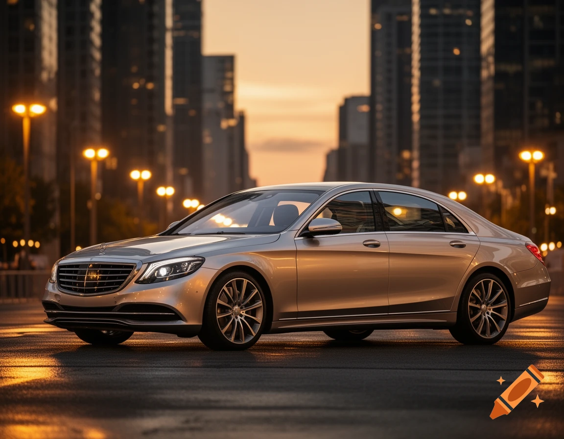A silver luxury car parked on a wet city street at dusk, with glowing streetlights and tall buildings in the background.