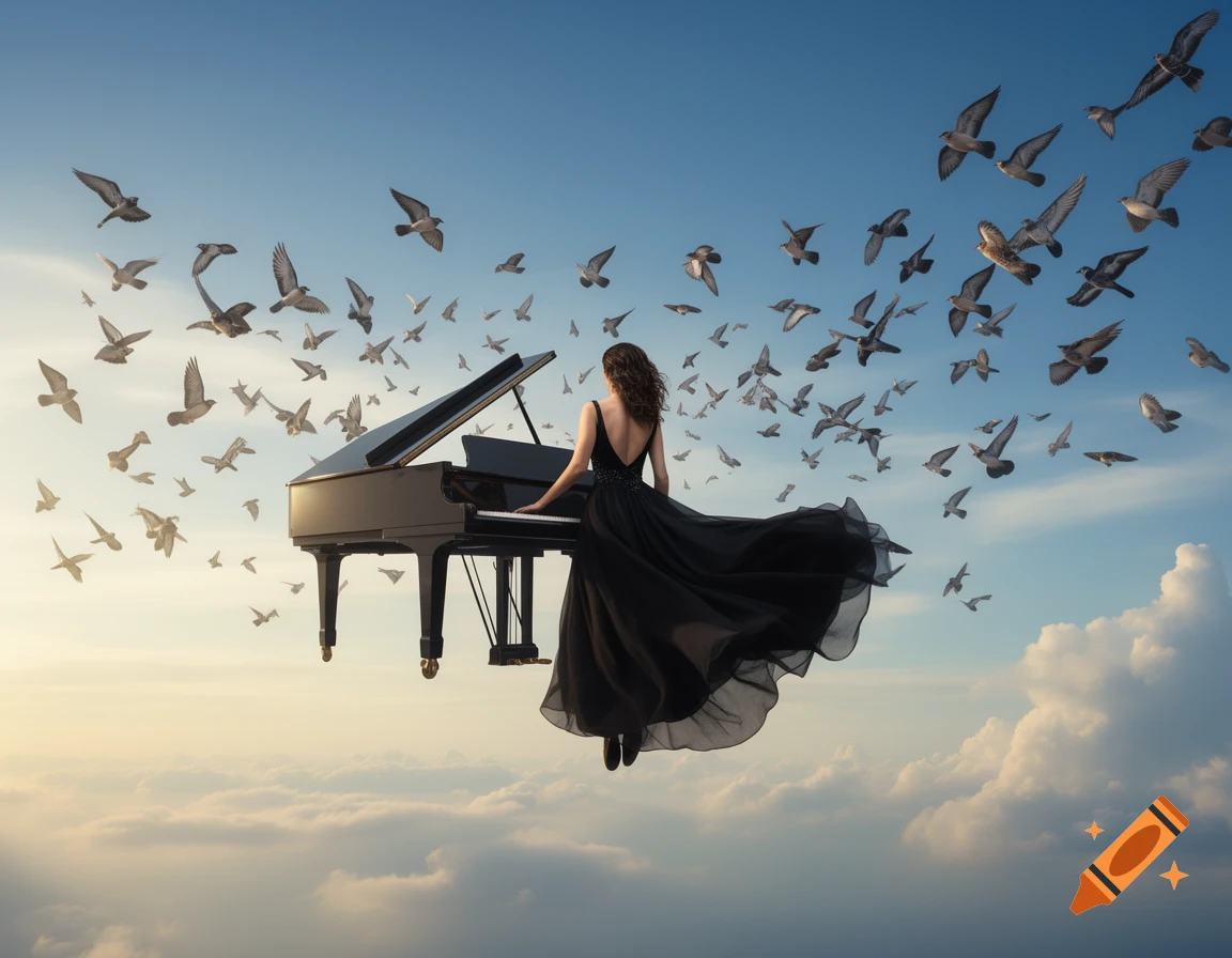 A woman in a black dress plays a grand piano, floating amidst clouds and many birds in a surreal sky.
