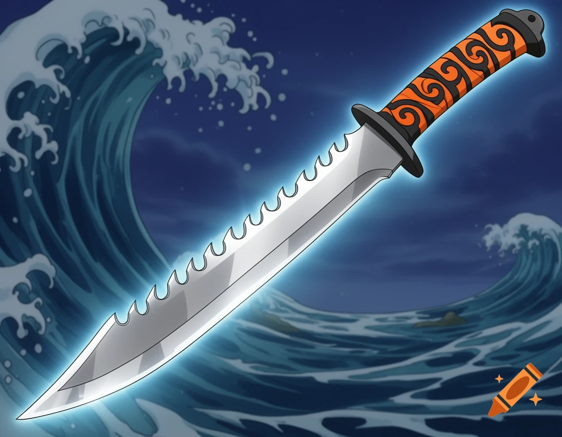 A stylized anime-style machete with a glowing serrated gray blade and an black and orange patterned handle, against dark blue ocean waves.