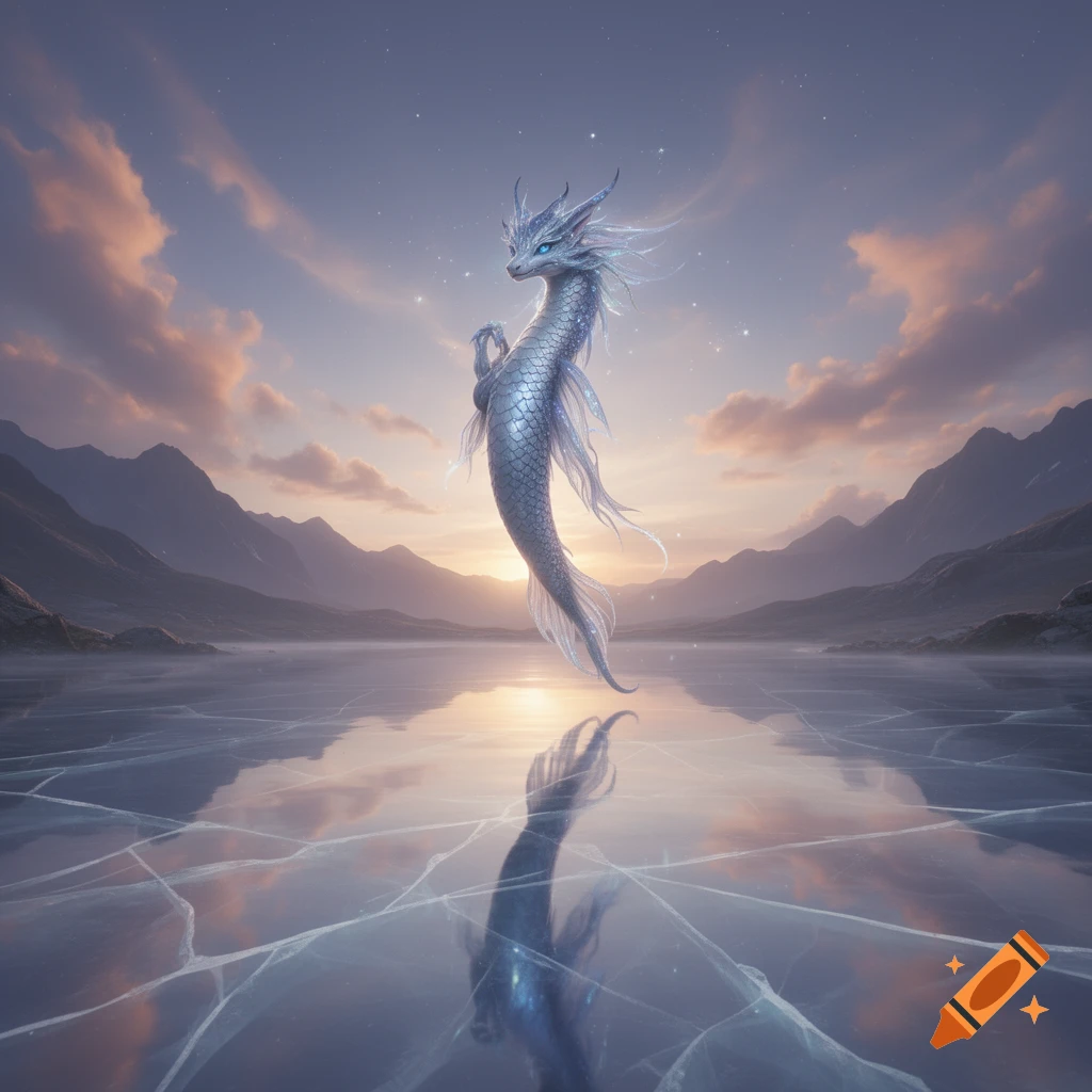 A majestic, shimmering silver dragon-like creature with fins stands on a frozen lake, reflecting in the ice, at sunset.