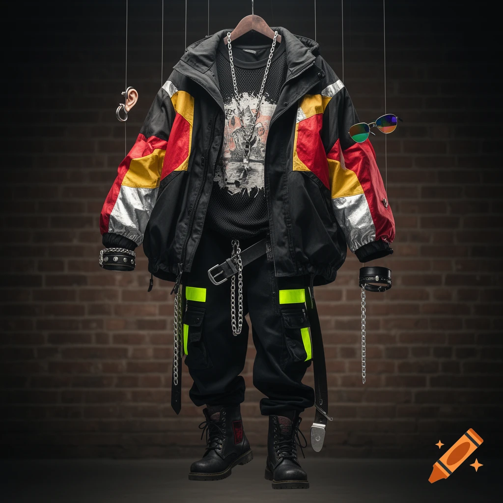 An oversized black streetwear jacket with red, yellow, and silver panels, a mesh shirt over a graphic tee, black cargo pants with neon details, multiple chains, leather bracelets, an ear cuff, and combat boots, all suspended against a brick wall.