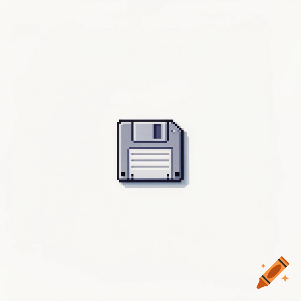 A small 8-bit pixel art floppy disk icon on a white background.