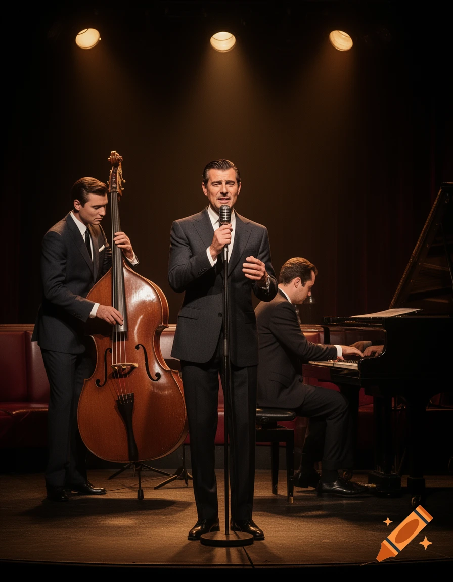A singer in a suit performs at a microphone with a bassist and pianist on a dimly lit stage.