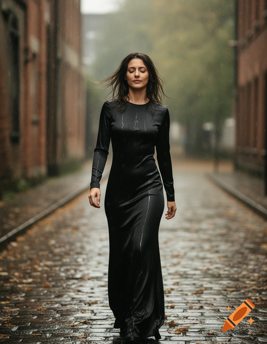 A woman walks down a wet cobblestone street in the rain, wearing a long black satin dress, eyes closed serenely.