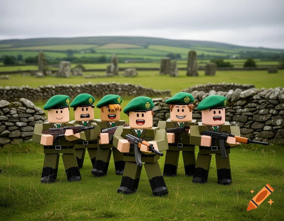 Six Roblox-style soldiers in green uniforms and berets hold rifles in a grassy field with stone walls and ancient standing stones under a cloudy sky.
