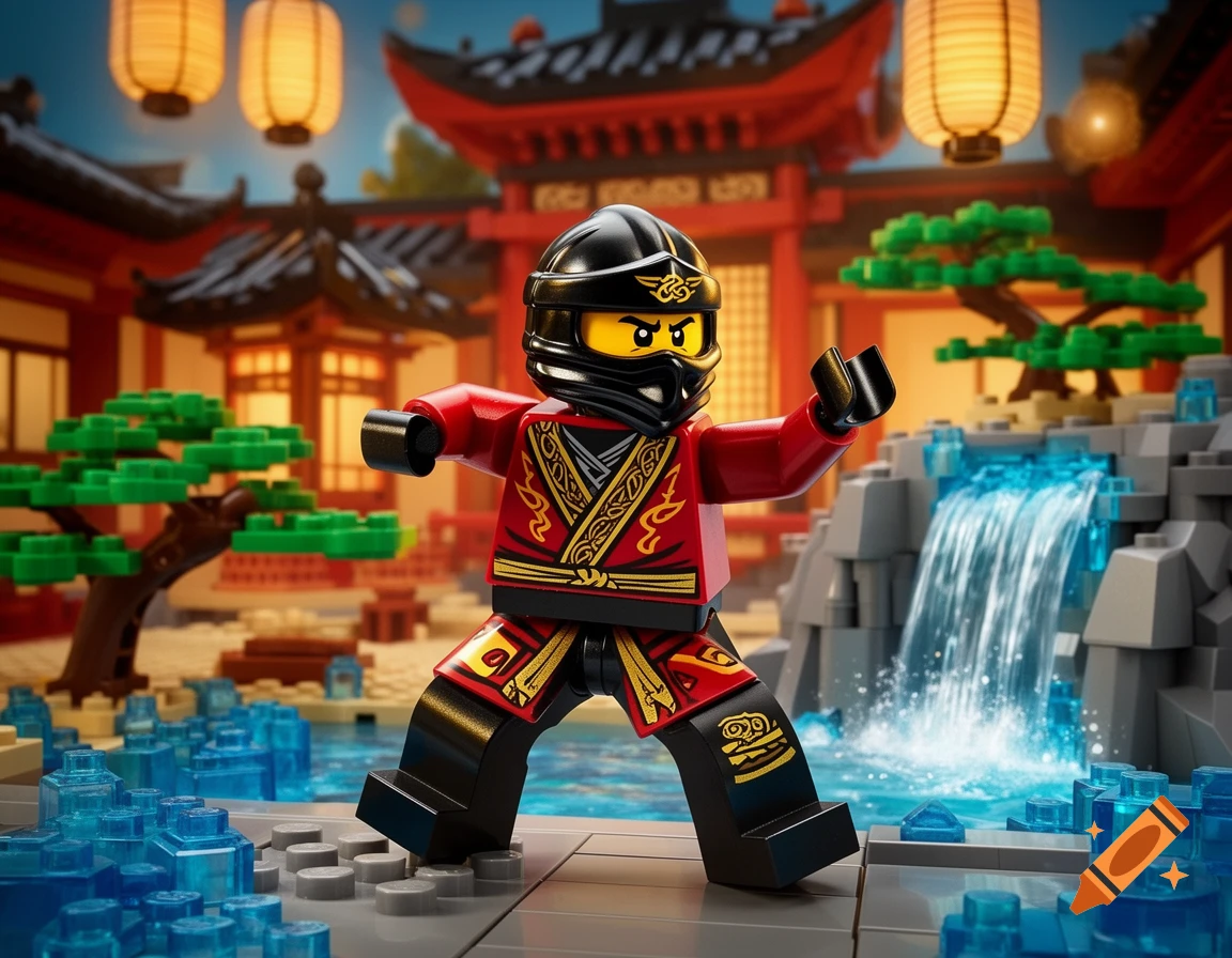 A Lego Ninjago character in red and black stands in a martial arts pose in a Japanese-style Lego temple garden with a waterfall.