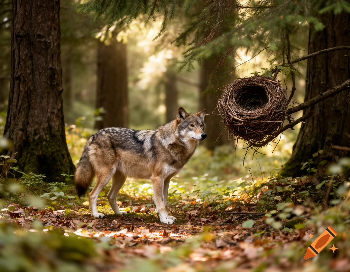 Photorealistic wolf stands in a sunny forest next to a bird's nest hanging from a tree branch.