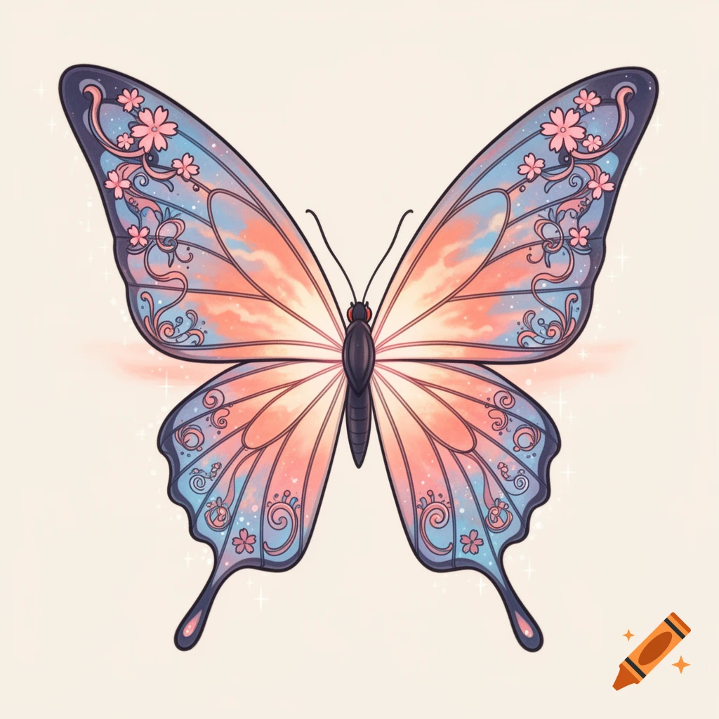 A stylized anime-style butterfly with pink and blue wings, featuring a sunset sky, floral patterns, and swirls.