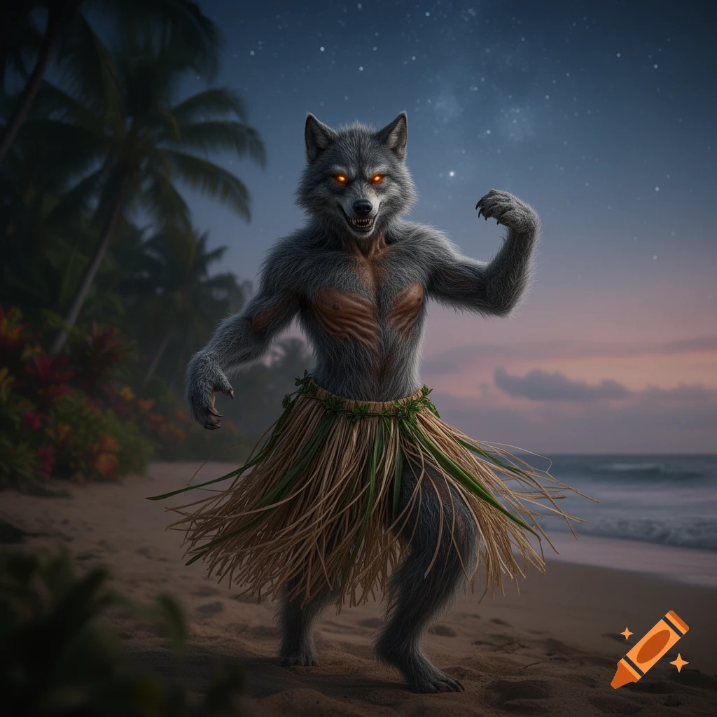 Photorealistic gray werewolf with glowing eyes and a hula skirt on a sandy beach at twilight.