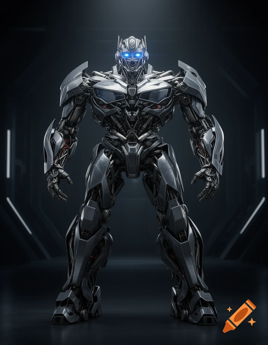 A highly detailed, photorealistic robot inspired by Autobots, with glowing blue eyes, intricate metallic panels, standing heroically in a dark, futuristic studio.
