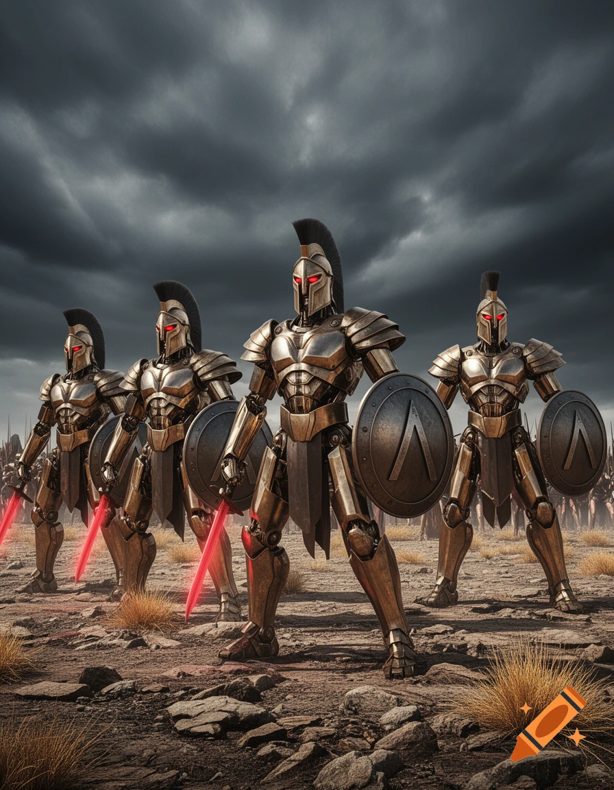 Robotic Spartan warriors with red glowing eyes and energy swords stand on a rocky battlefield under a stormy sky.