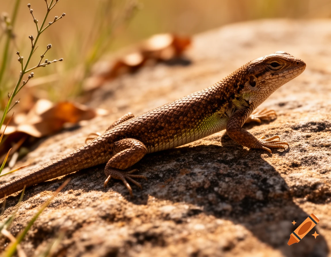 A brown lizard with a greenish-yellow underside basks on a textured rock in warm sunlight, with blurred foliage in the background.
