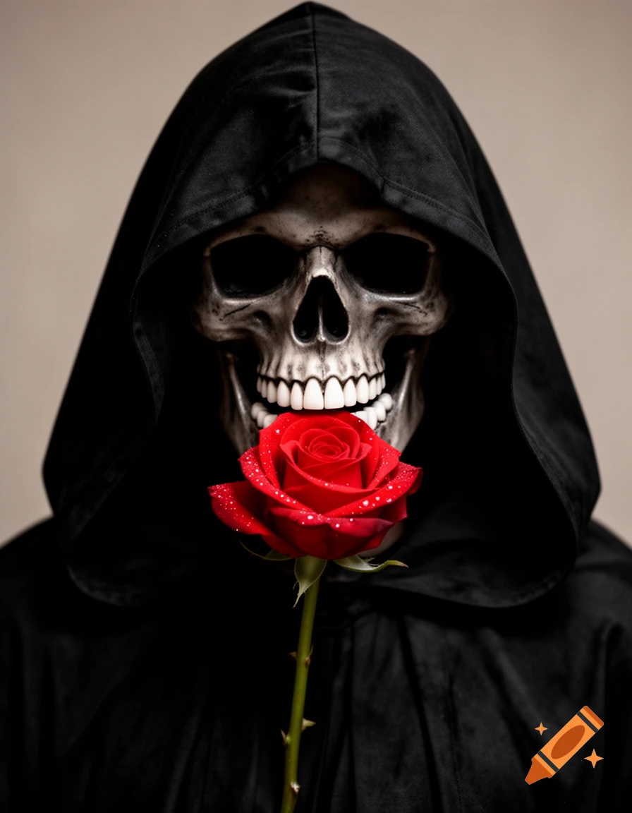 Close-up of a grim reaper in a black hooded cloak with a skull face, holding a dew-kissed red rose.