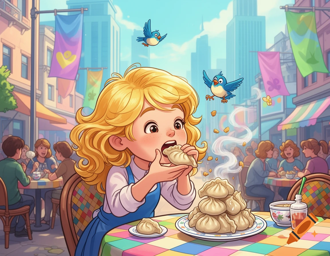 Cartoon blonde girl happily eating dumplings at a colorful outdoor market in a bustling city street.