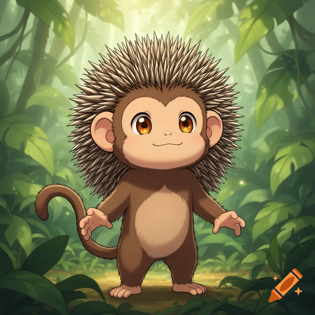 A cute, brown, manga-style monkey with hedgehog spikes stands in a lush green jungle.