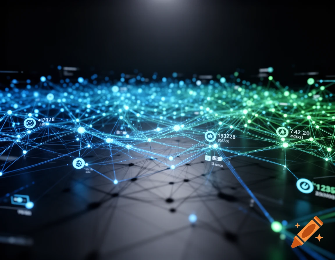 Abstract visualization of a data network with glowing blue and green nodes and connecting lines on a dark background.