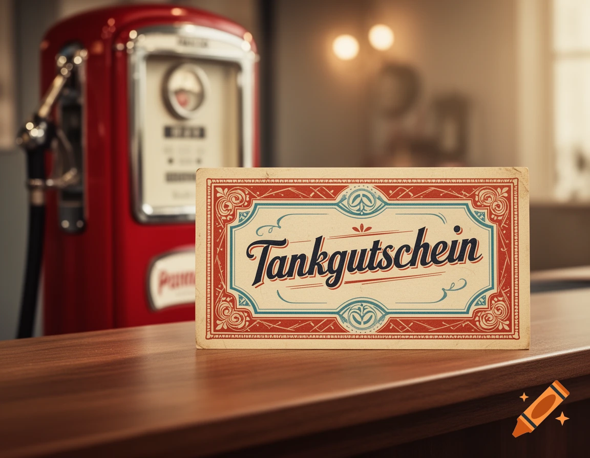 A retro-designed 'Tankgutschein' (gas voucher) on a wooden table with a blurry red gas pump in the background.