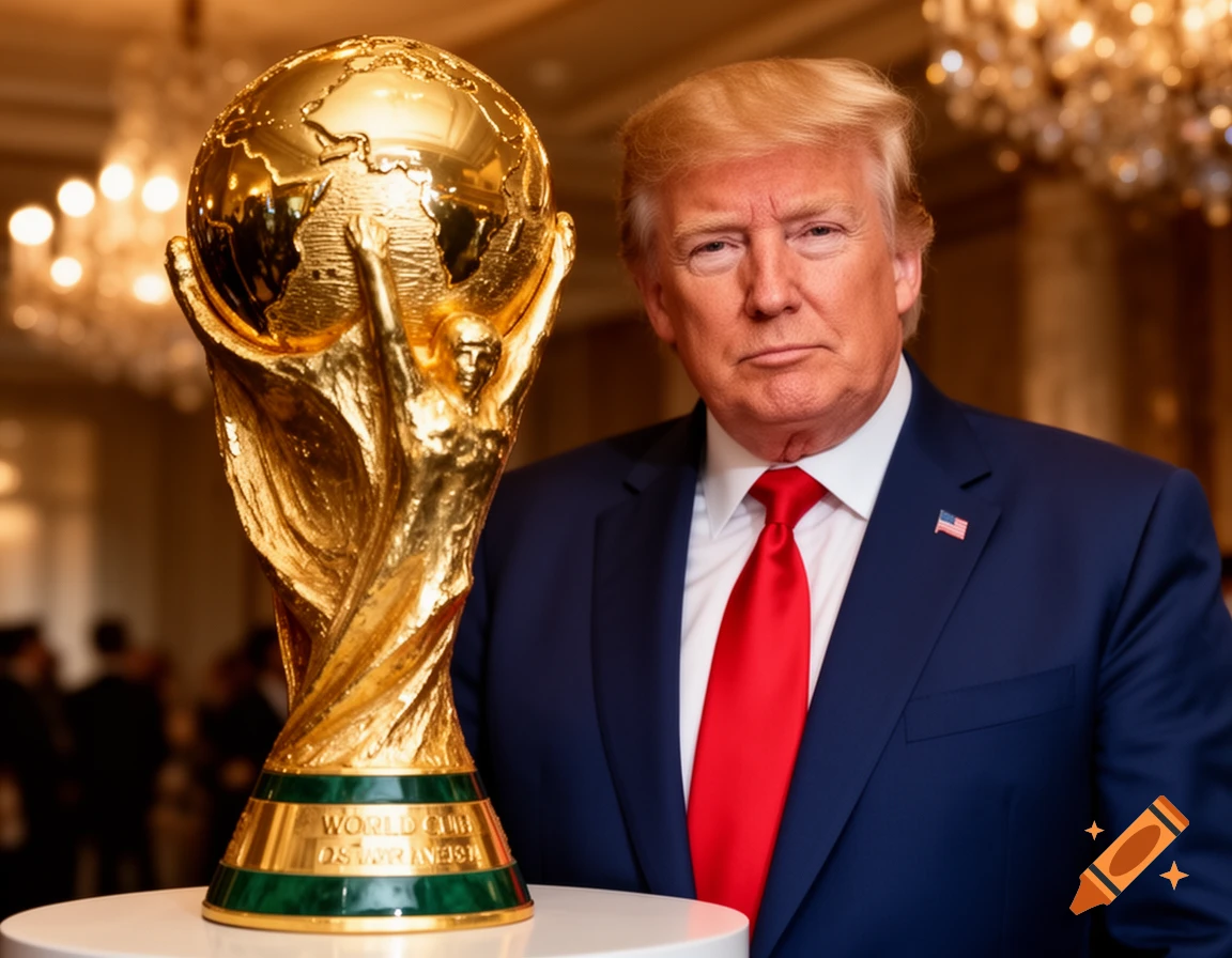 Donald Trump in a blue suit and red tie stands next to a shiny gold World Cup trophy, looking at the camera.