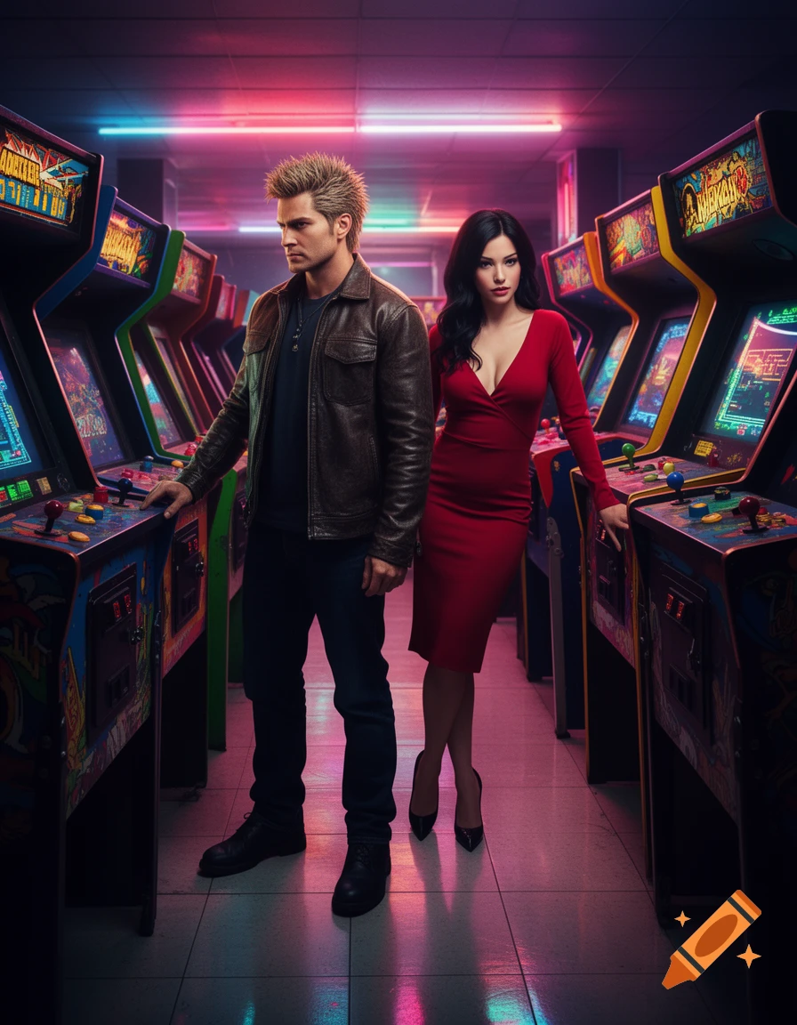 A man and a woman stand between rows of arcade machines glowing with neon lights.