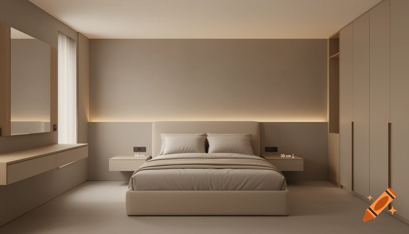 An ultra-realistic architectural interior visualization of a luxury boutique hotel bedroom with a centered bed, floating nightstands, and wardrobes in warm greige tones with indirect LED lighting.