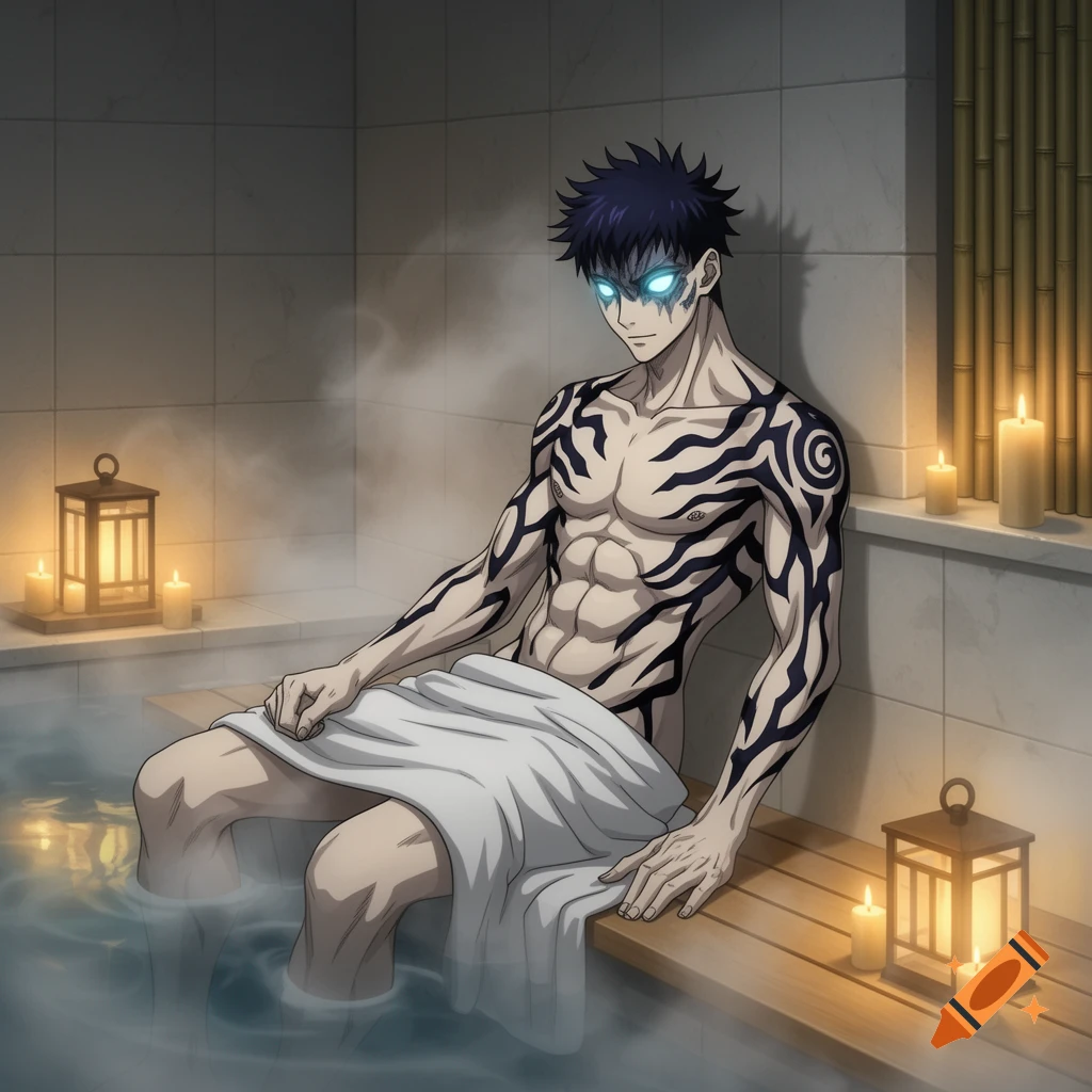 Anime character Sukuna with glowing eyes and black tattoos sits in a steamy spa with a white towel.