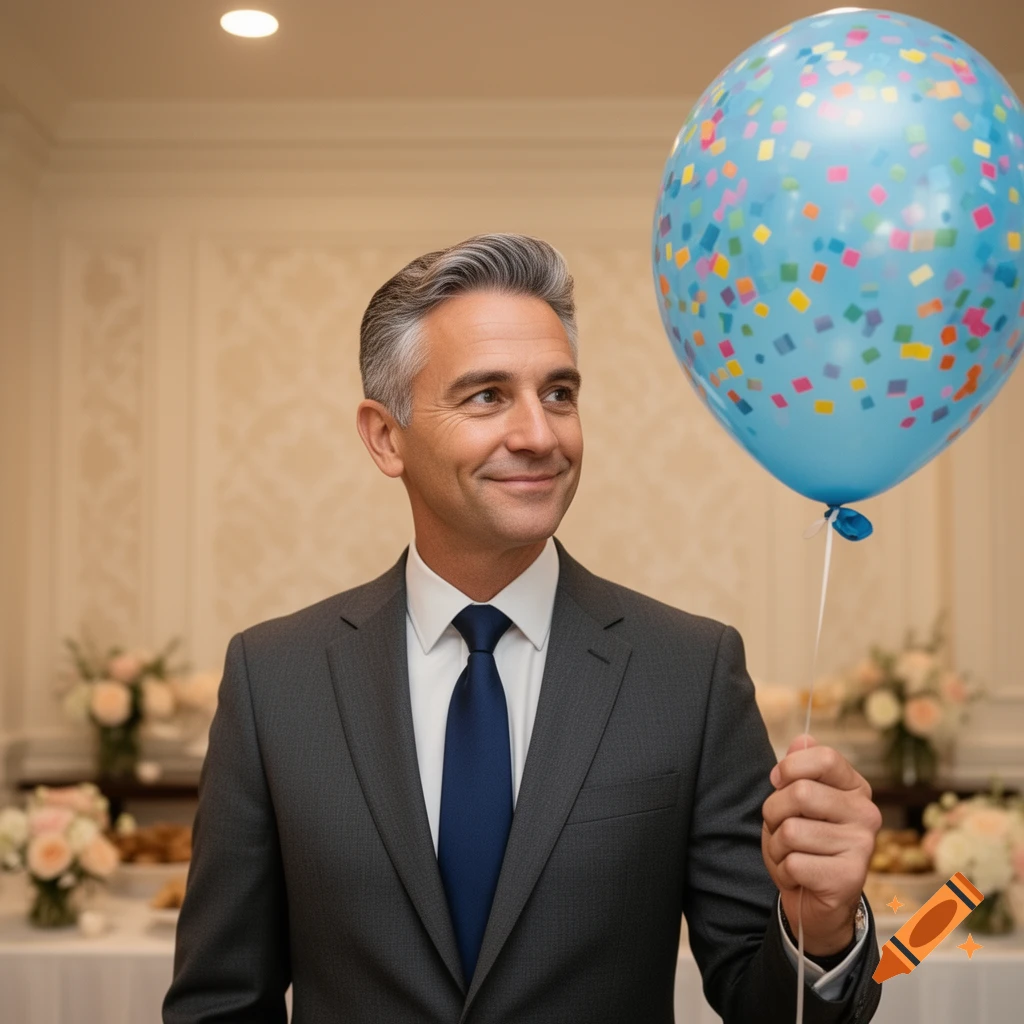 A smiling man in a suit holds a blue confetti balloon at an indoor party.