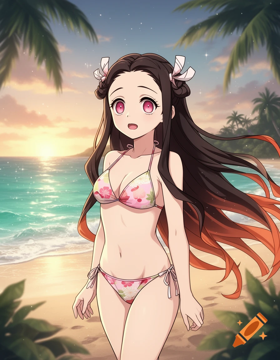 Anime character Nezuko in a pink floral bikini stands on a tropical beach at sunset.