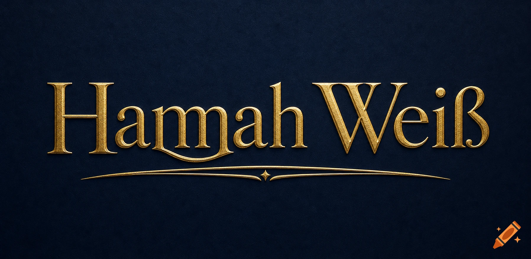 Golden embossed wordmark 'Hannah Wei R ' with decorative lines on a dark blue textured background.