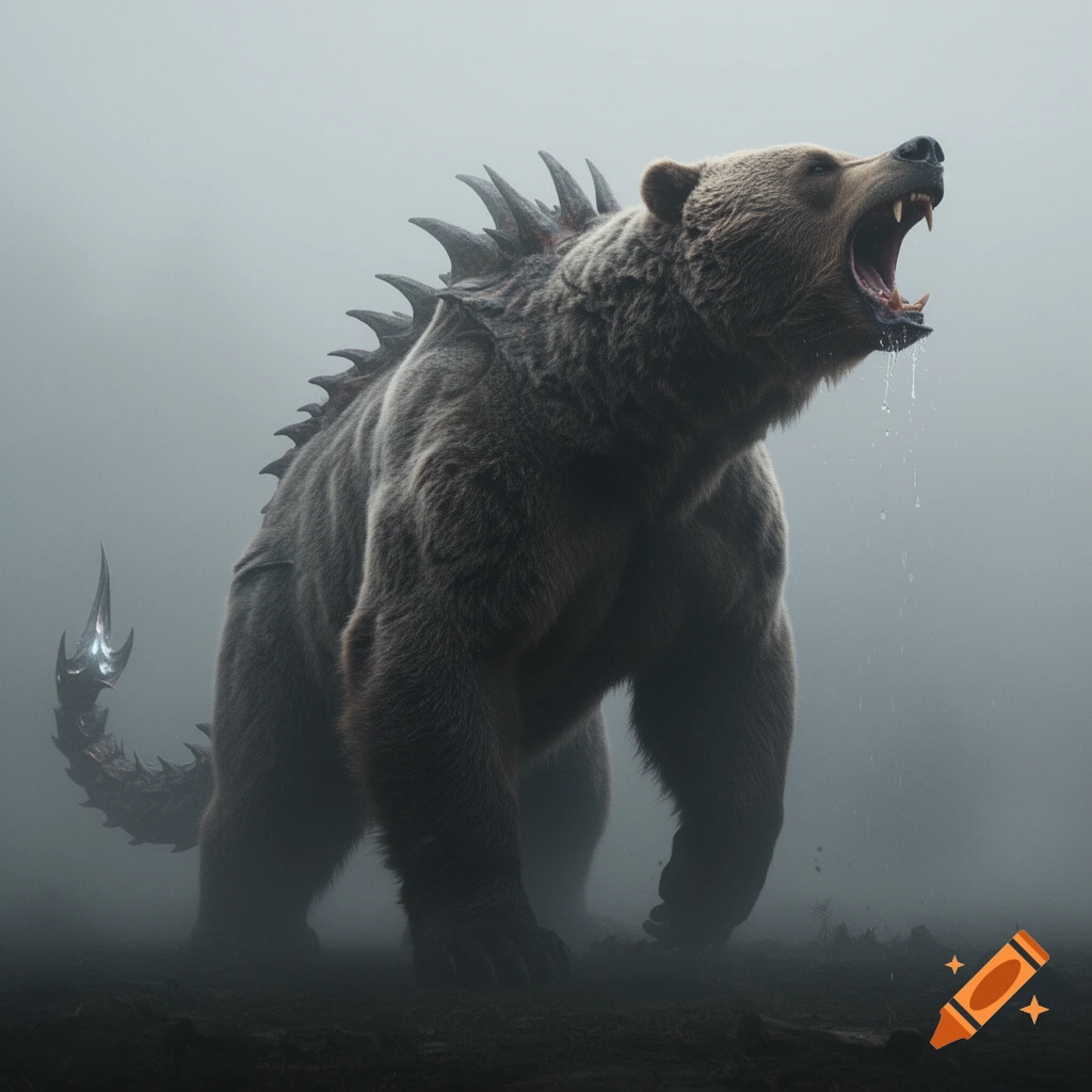 A photorealistic image of a mutated bear-like creature with dragon spikes and a scorpion tail, roaring with drool in thick fog.